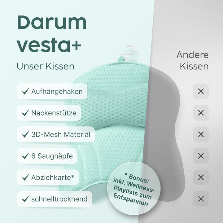 Vesta+ Badewannenkissen Mint L mit Saugnäpfen, Badekissen Testsieger als Badewannenkissen Nacken &amp; N