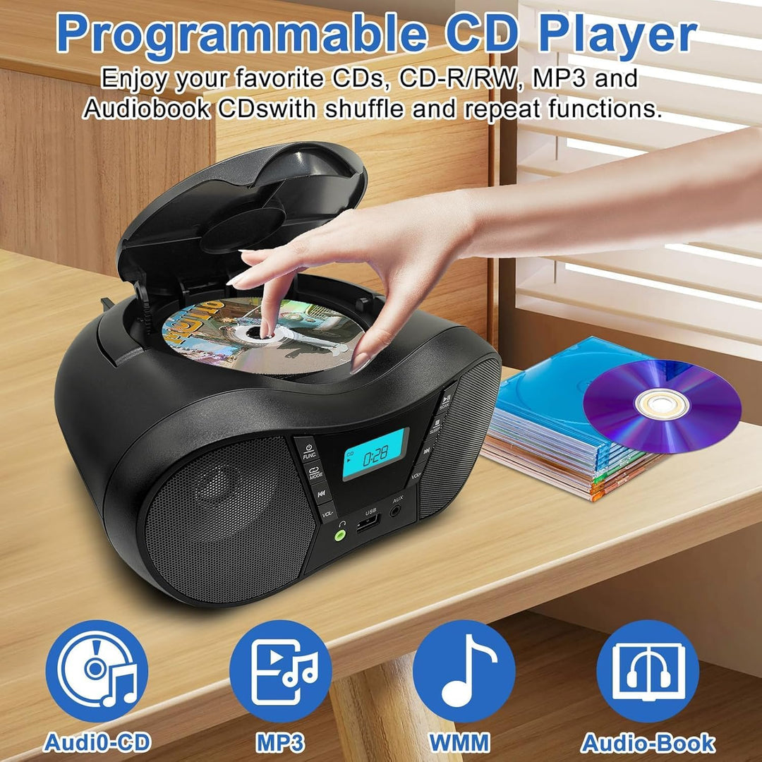 Tragbarer CD-Player Boombox mit FM-Radio, Bluetooth-Lautsprecher, AC/Batteriebetrieben, unterstützt