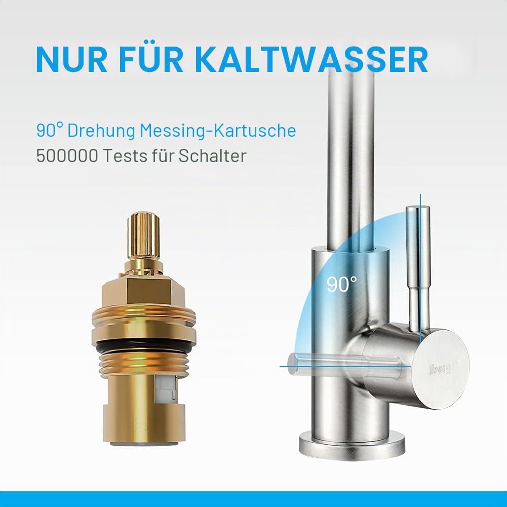 IBERGRIF Kaltwasserhahn Küche, Küchenarmatur Edelstahl, 360° schwenkbar, Küchenarmatur mit 50cm Ansc