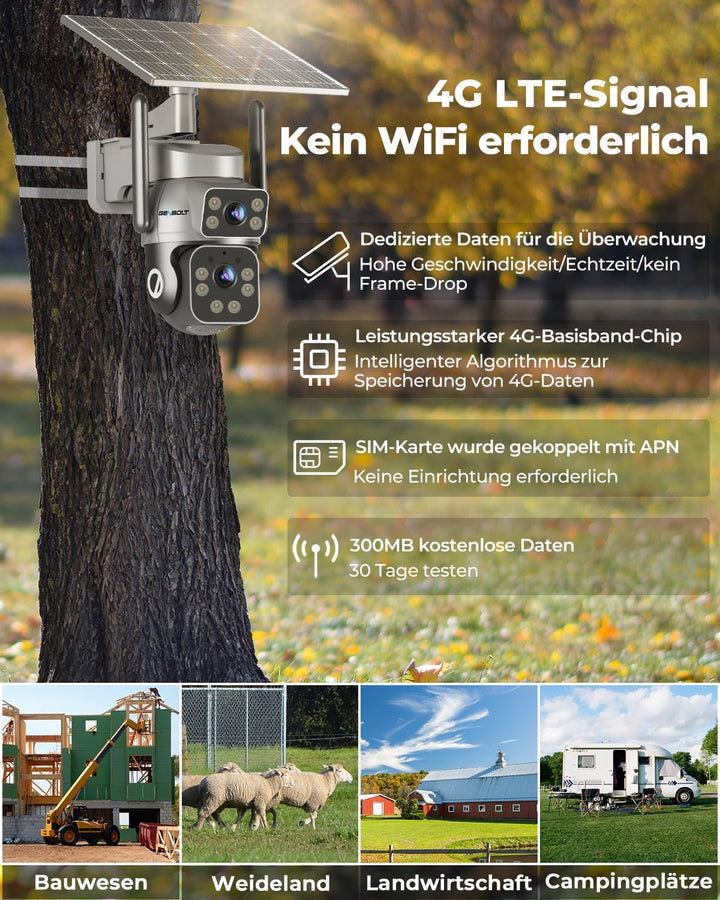 GENBOLT 4G LTE Solar Überwachungskamera Aussen Kabellose, AOV 7/24-Aufzeichnung 3MP+3MP PTZ IP Kamer