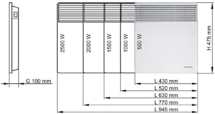 Thermoval Wandkonvektor 500W-1000W 1500W 2000W 2500W Konvektor Heizgerät Heizkörper mit Beinen inkl.
