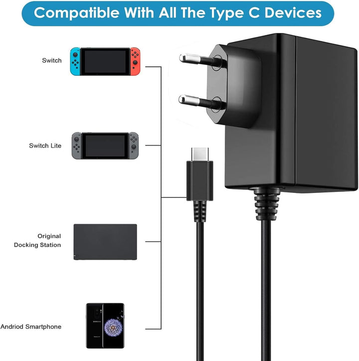 Ladegerät für Switch Console Netzteil Unterstützt TV-Modus Schnelles Aufladen mit 1,5m/5ft Kabel Kom
