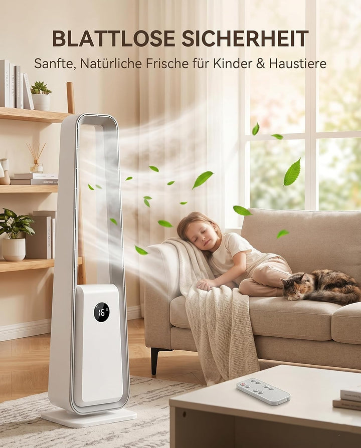 Turmventilator Rotorloser Ventilator: Standventilator ohne Flügel mit Fernbedienung, 24 Stufen, 3 Mo