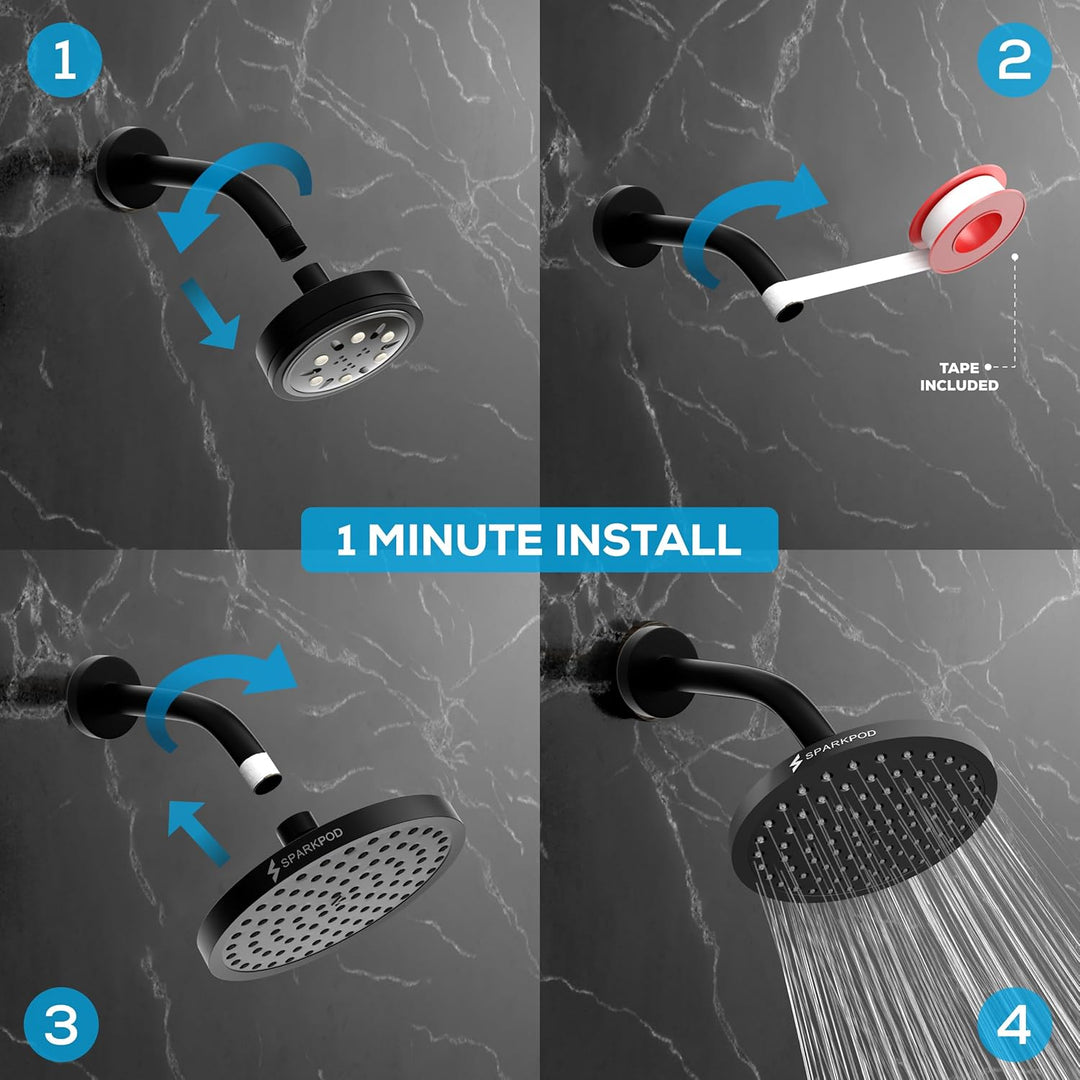 SparkPod Fixed Shower Head - High Pressure Rain - Luxury Modern Look - Easy Tool Free Installation -