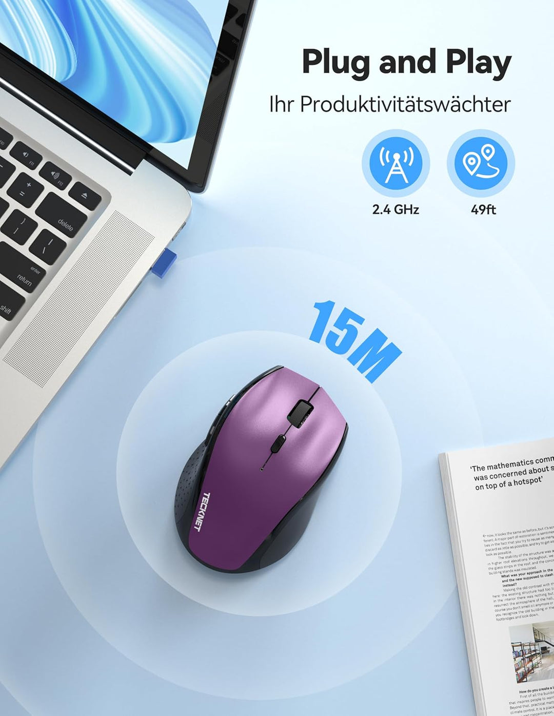 TECKNET PRO Kabellose Maus Wiederaufladbar, Silent Funkmaus 6400 DPI, 2,4 GHz Computermaus, Ergonomi