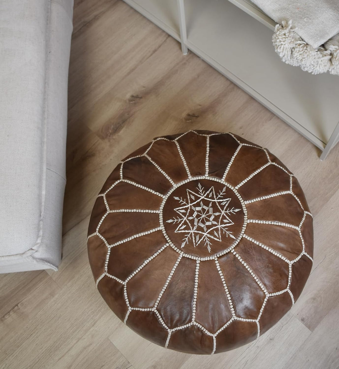 Poufs&Pillows Handgefertigter Sitzhocker aus Leder, gefüllt, Holz, Braun Wood Brown, Wood Brown