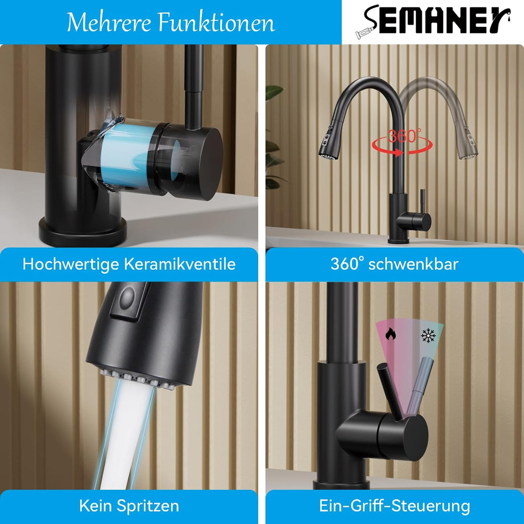 Wasserhahn Küche Schwarz, SEMANEY Hochdruck Küchenarmatur Ausziehbar, 3 Funktionen Einhebel Spültisc