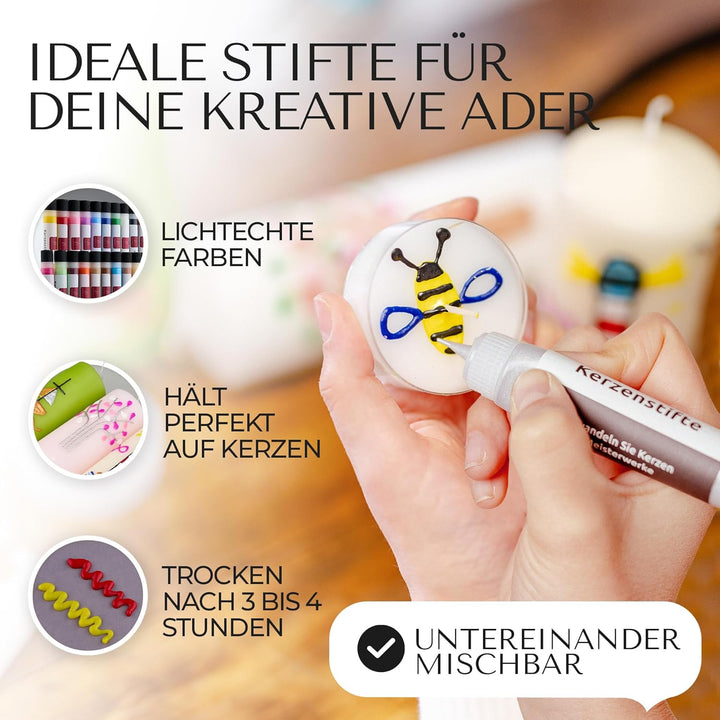 Brandalo® Premium 24er Set Kerzenstifte á 30ml leuchtende Farben – Candle Pen für Kerzen - Taufkerze