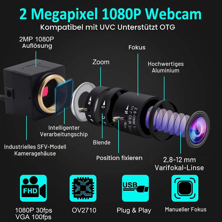 ELP USB-Kamera 1080P 2,8–12 mm 4-Fach optisches manuelles Zoomobjektiv, 2 MP USB-Kamera mit CMOS OV2