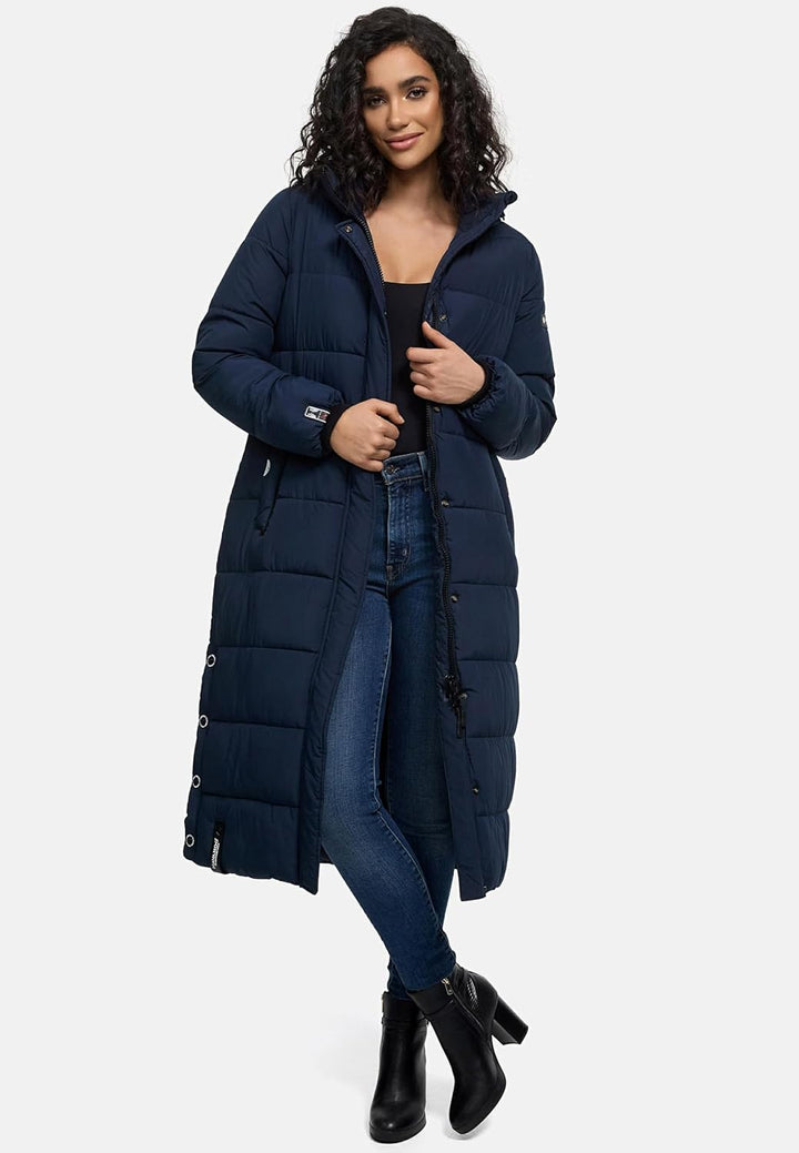 Navahoo Damen Wintermantel Warmer Steppmantel lang mit Abnehmbarer Kapuze Isalie XS-XXL L Navy, L Na