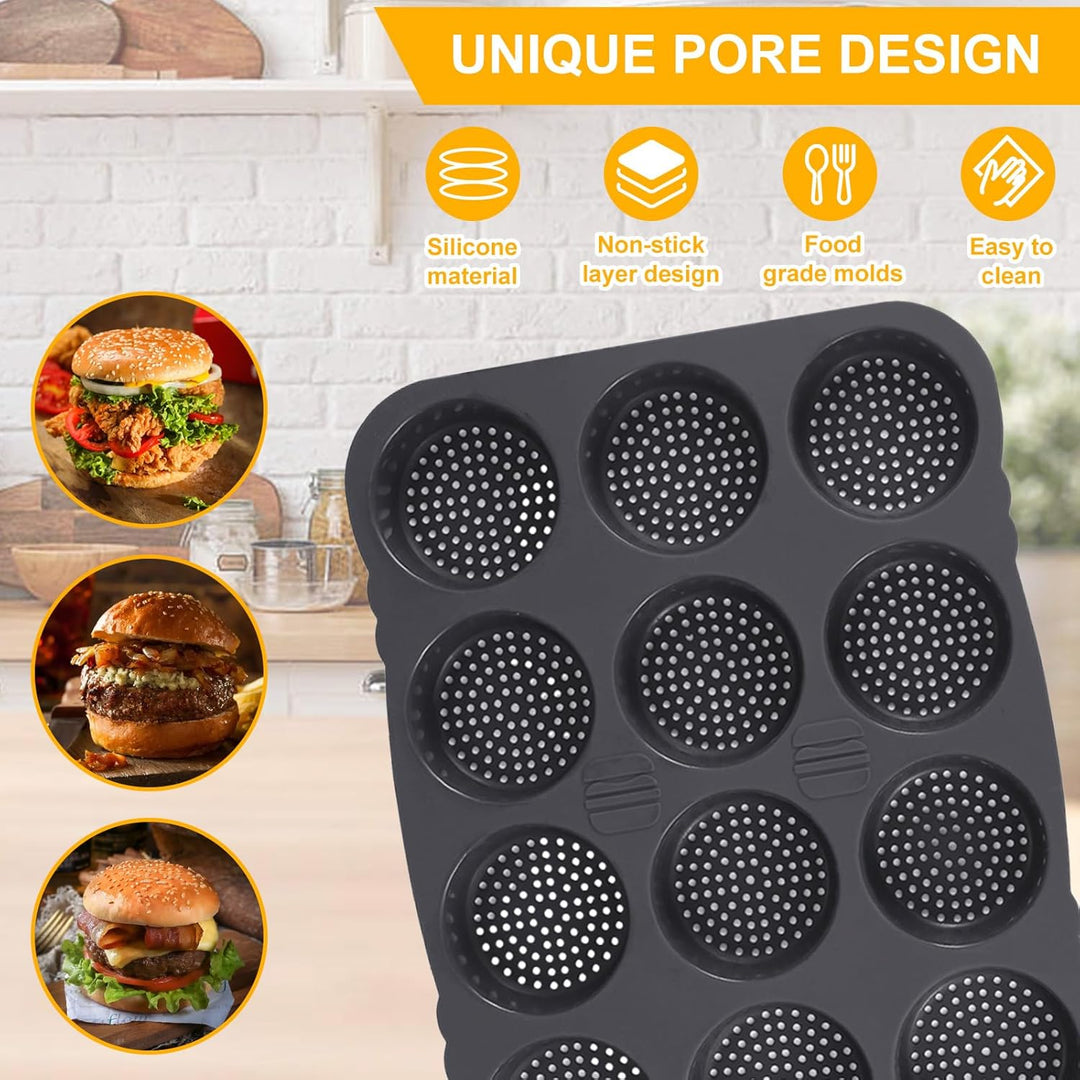 Burger Buns Backform Silikon, 12 Loch Form FüR HamburgerbröTchen Antihaft BröTchen Backform Rund 8Cm