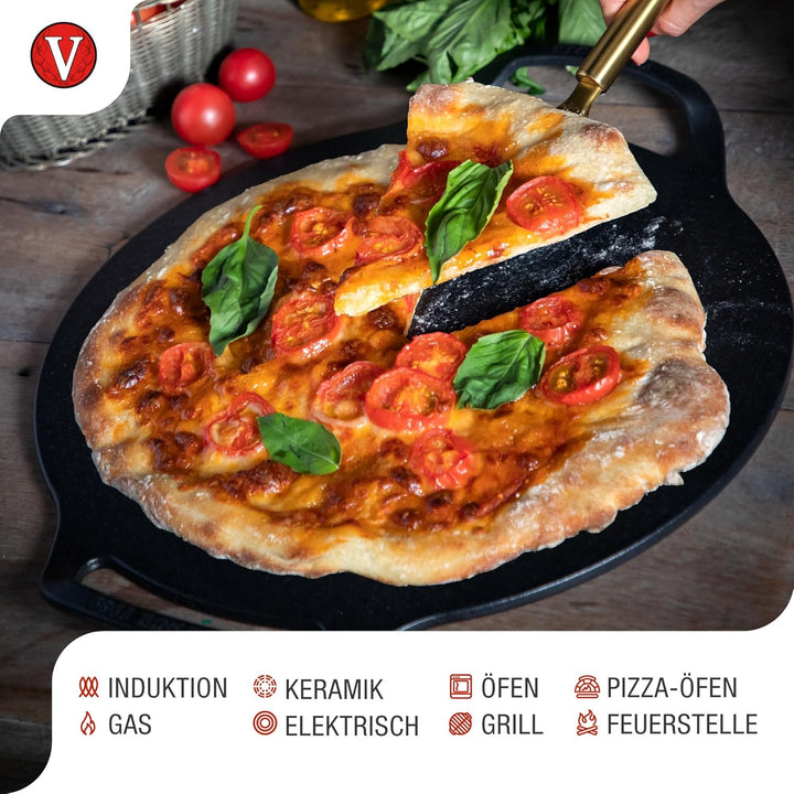 Victoria Grillplatte fur Pizza Gusseisen Pizzablech, 38cm mit Griffen, Induktion, Feuer, Grill, Ofen