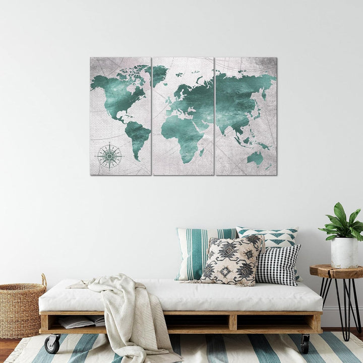 Runa Art Wandbilder Weltkarte Bild XXL Büro Wohnzimmer Grün Grau Vintage 120 x 80 cm 3 Teilig 026031