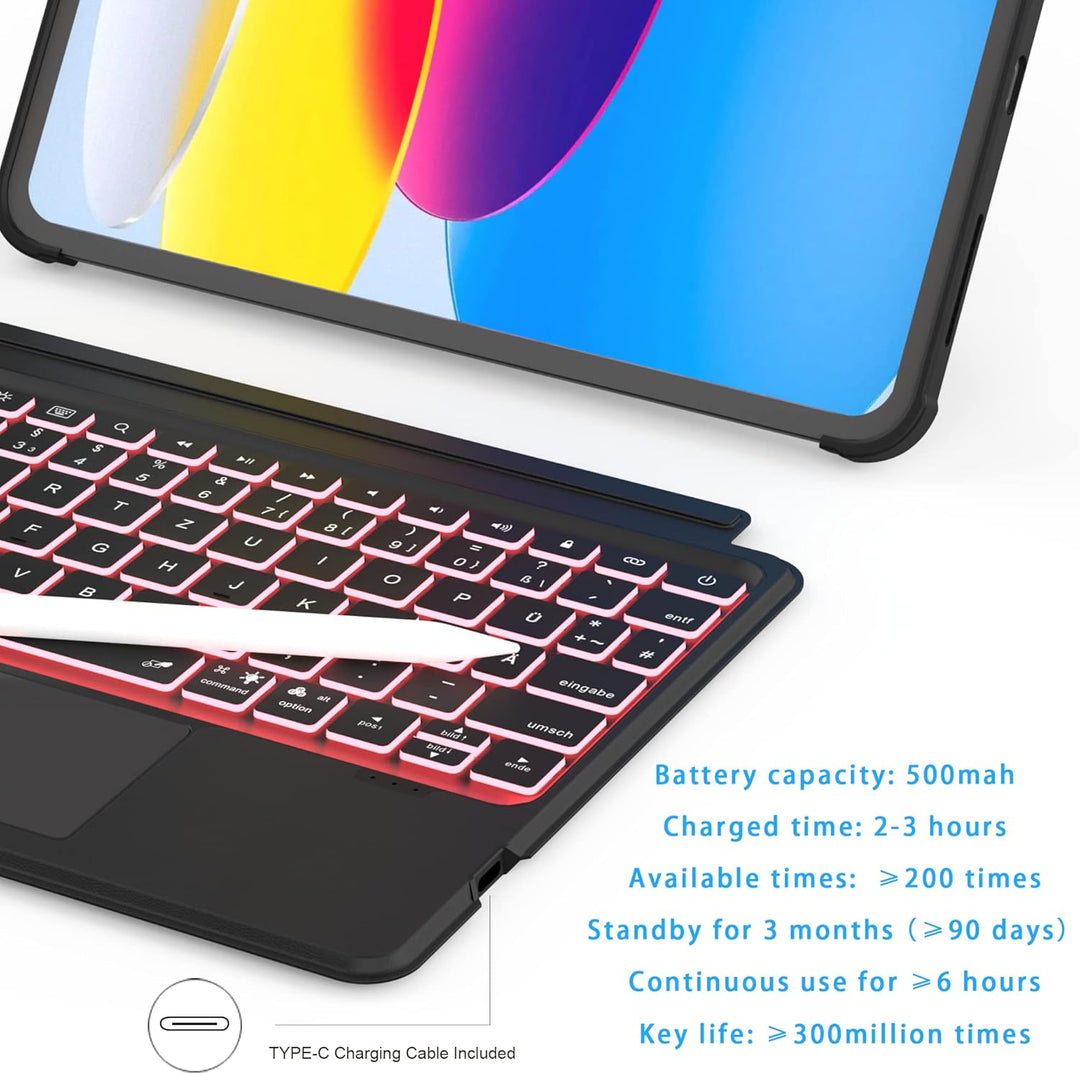 ROOFEI Multi Touch Hülle mit Tastatur für iPad 10. Generation - Abnehmbare Tastatur mit Kickstand &