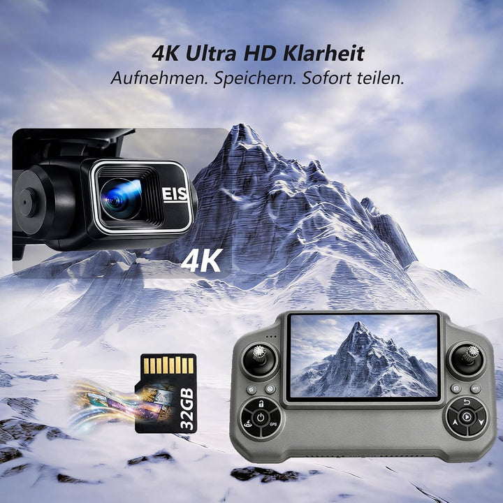 3-Achsen Gimbal GPS Drohne mit 4K Kamera, 4.5" HD Screen Fernsteuerung, 90Min Flugzeit (3 Akkus), 30