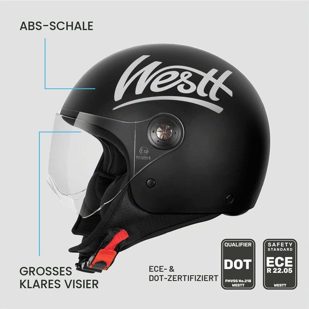 Westt Jethelm mit Visier ECE 22.06 – Leichter Motorradhelm für Damen und Herren – Roller Helm Mopedh