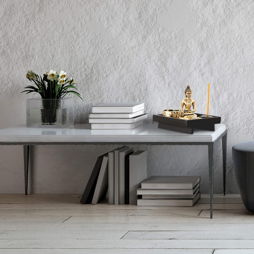 4 x Zen Garten, mit Buddha, Steinen, Sand, Räucherstäbchen & Teelichthalter, Entspannung, Feng Shui
