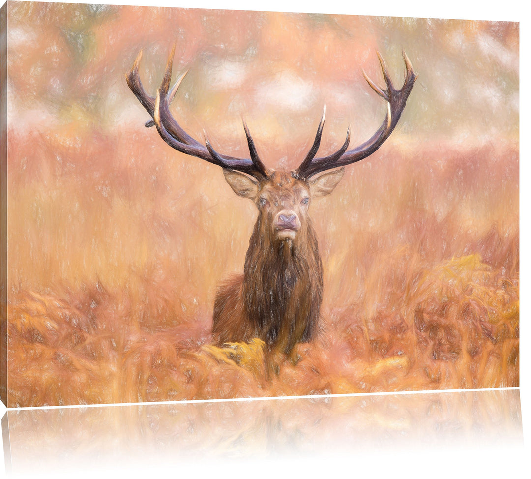 Pixxprint Hirsch im Feld als Leinwandbild/Grösse: 100x70 cm/Wandbild/Kunstdruck/fertig bespannt, 100