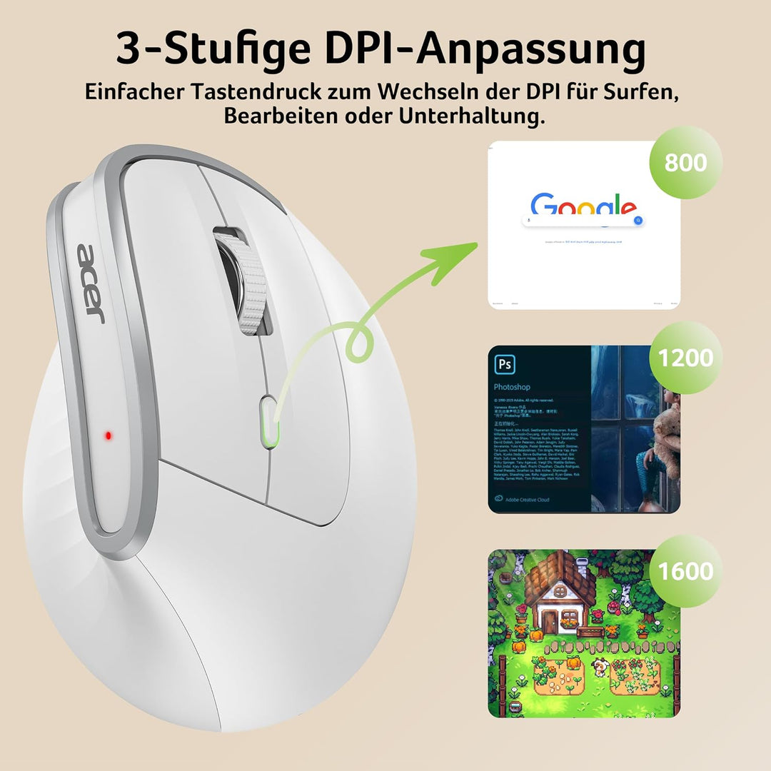 Acer 2.4G Ergonomische Maus, Vertikale Optische Maus Kabellos 1600 DPI, Wiederaufladbar Wireless Mou