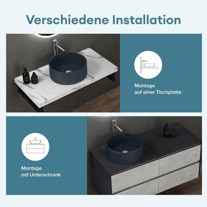 doporro Aufsatzwaschbecken rund Colossum804 matt Anthrazit Ø 40 cm Mineralguss Waschbecken ohne Arma