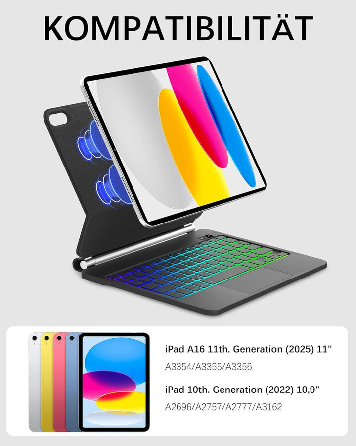 Magic Keyboard für iPad 11/10 Generation: Magnetische Hülle mit 7-Farben-Beleuchtung & Trackpad | Ko