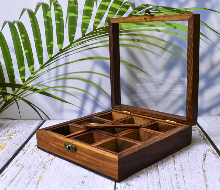 Wooden Spice Box with Glass Lid – 9-Compartment Masala Dabba Organizer with Spoon – Spice Storage Co