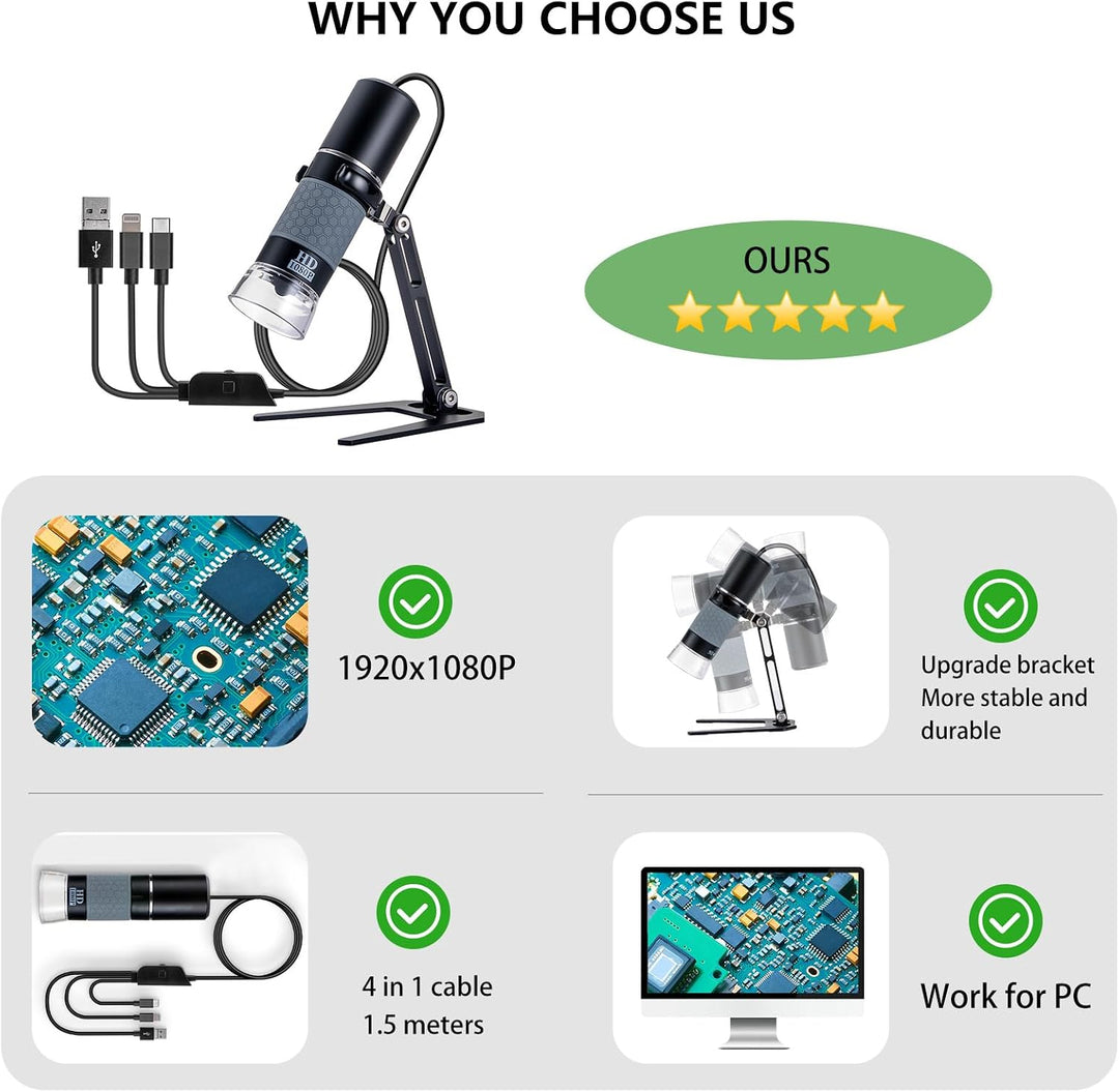 1080P Handheld Digital Mikroskop, Tragbares USB-Mikroskop mit 50-1000X Vergrösserung und Verstellbar