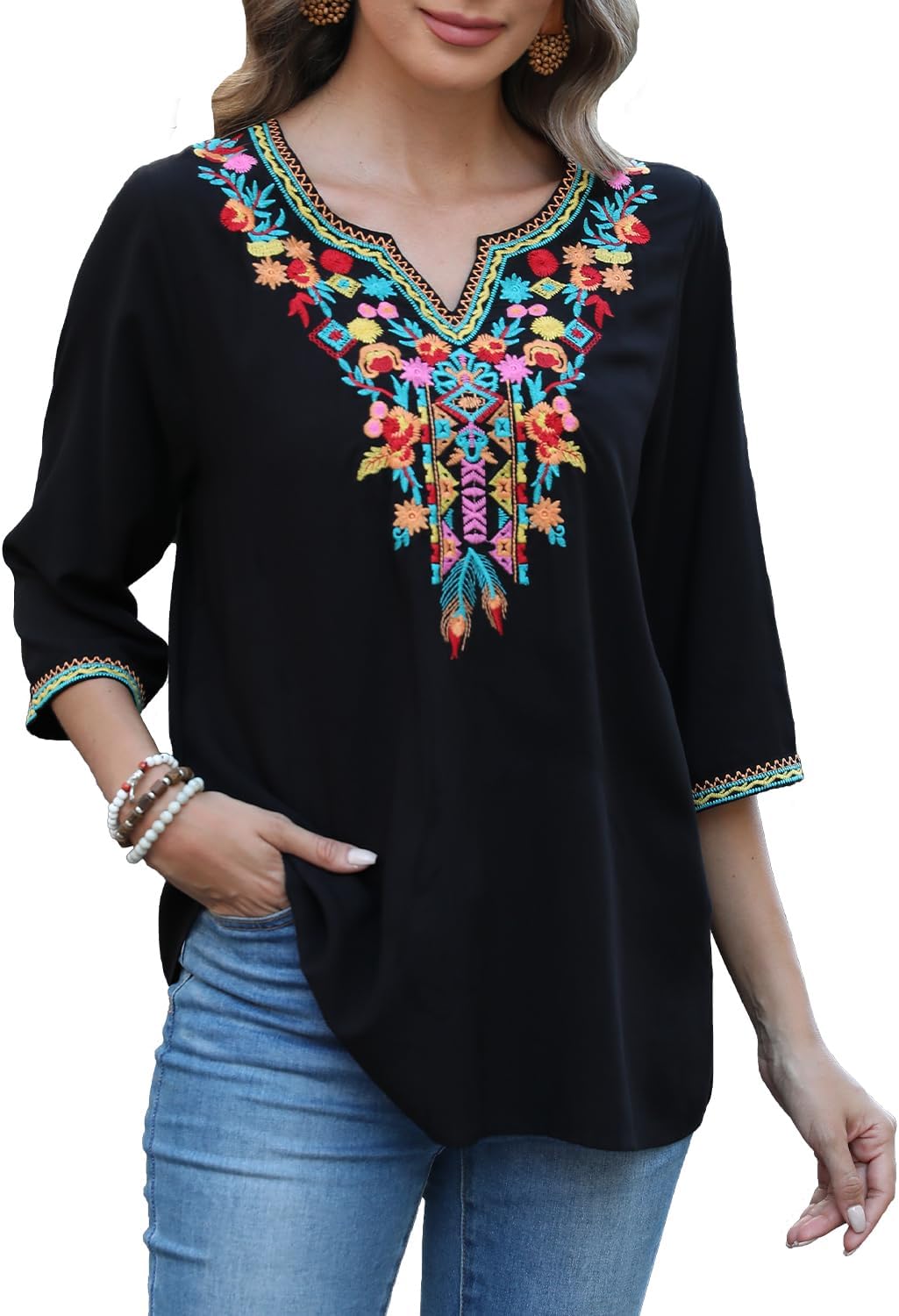 Seasonal Boho Tunika Damen Sommer Mexikanische Blumen Bestickt V-Ausschnitt Top 3/4 Ärmel Hippie Los