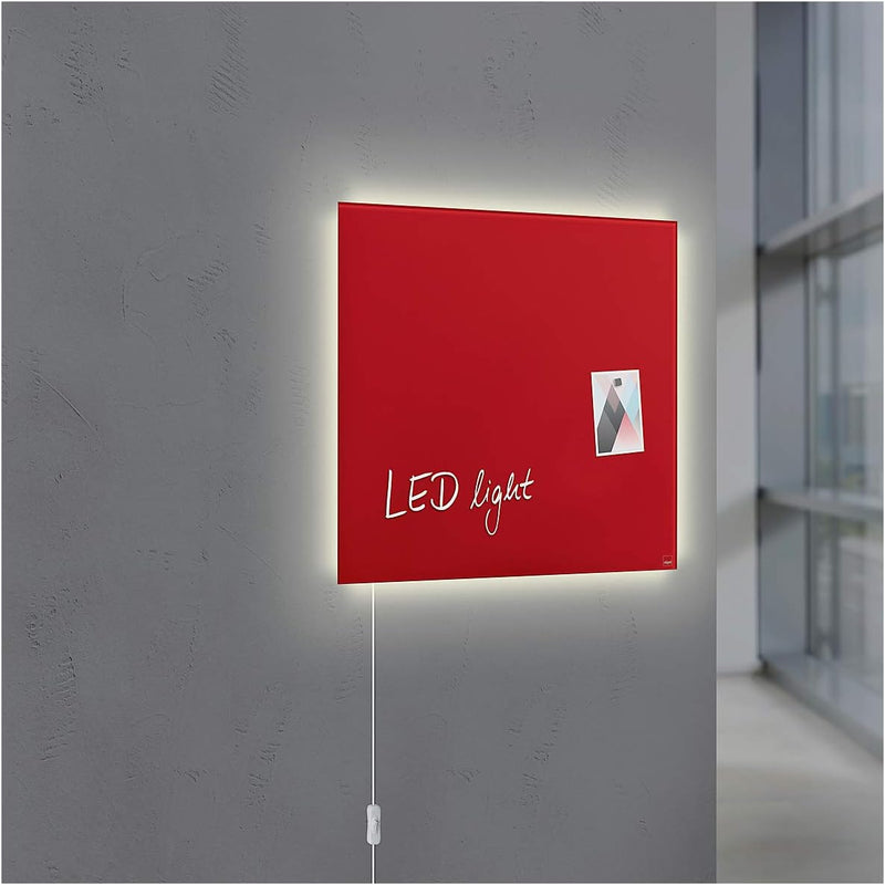 SIGEL GL402 Premium Glas-Magnettafel 48 x 48 cm mit LED-Beleuchtung, rot hochglänzend, TÜV geprüft,