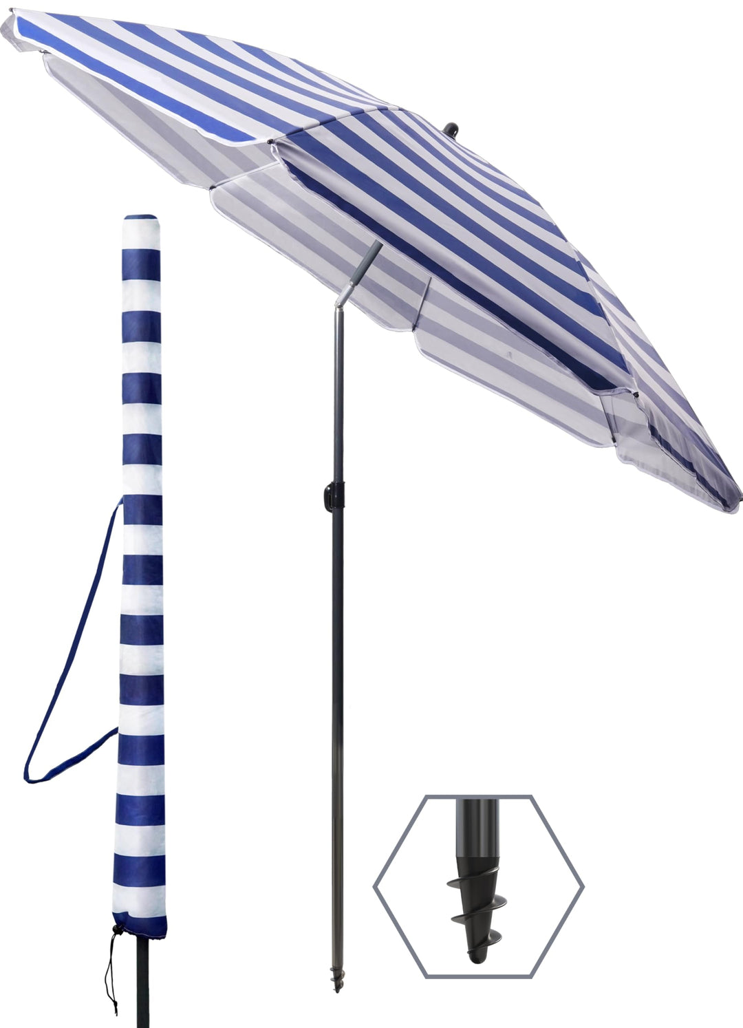 4smile Sonnenschirm Strand SunnyJoy, Blau-Weiss - UPF 50+ Strandschirm Ø 180 cm, sicherer Sonnenschu