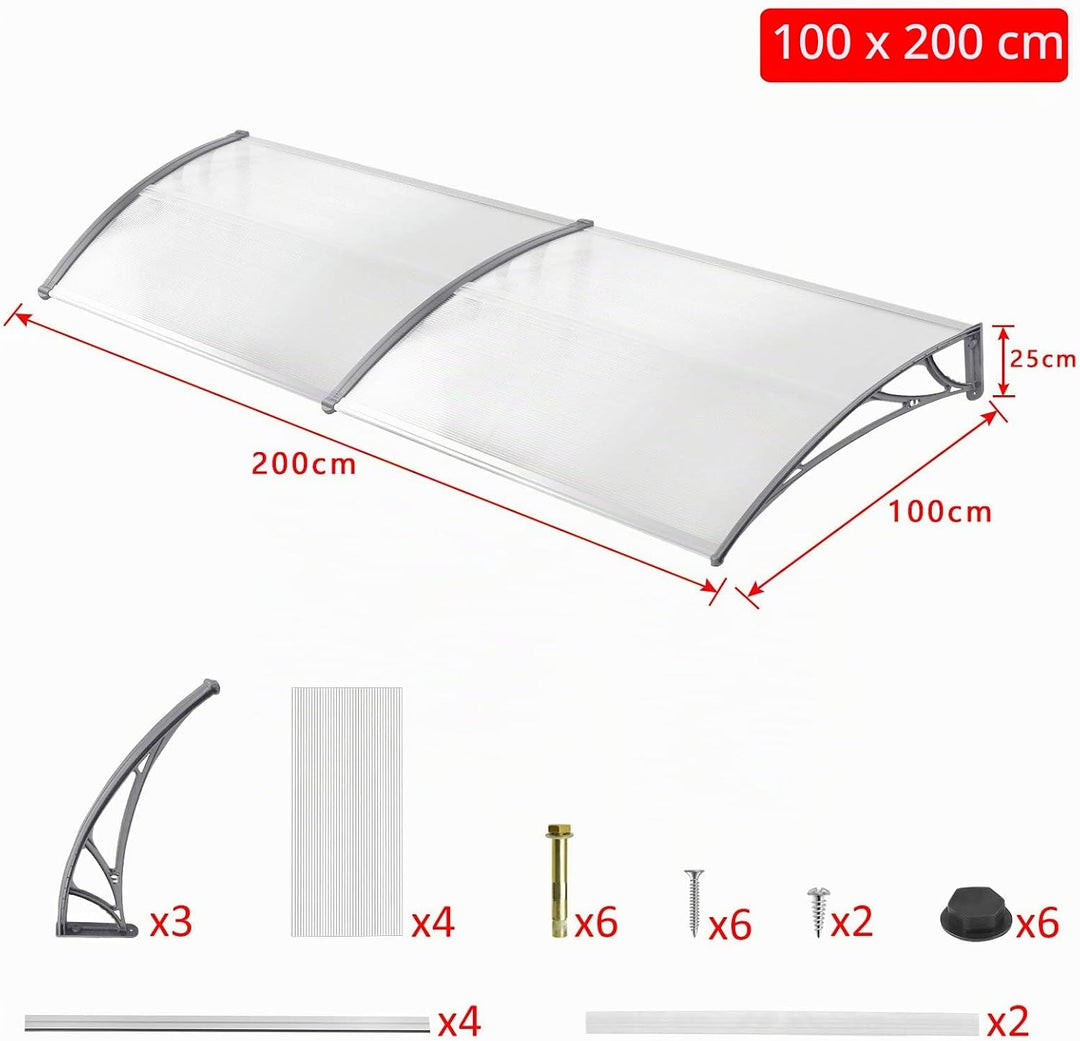 NAIZY 200 x 100cm Vordach für Haustür Pultbogenvordach Überdachung Haustür aus Polycarbonat und Alum