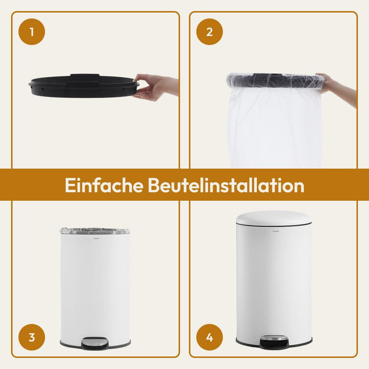 CASABEL Mülleimer Küche 30L - 100% Edelstahl, Resistent gegen Fingerabdrücke, Runder Treteimer mit F