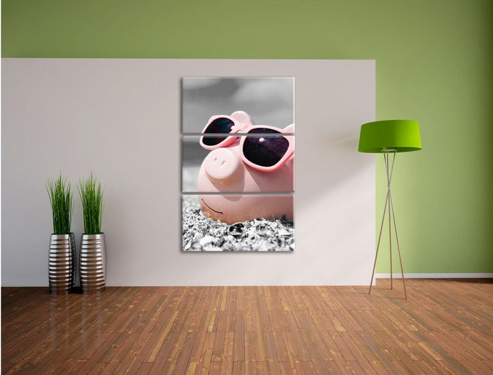 Pixxprint Cooles Sparschwein mit Sonnenbrille am Strand schwarz/weiss 3-Teiler Leinwandbild 120x80 B