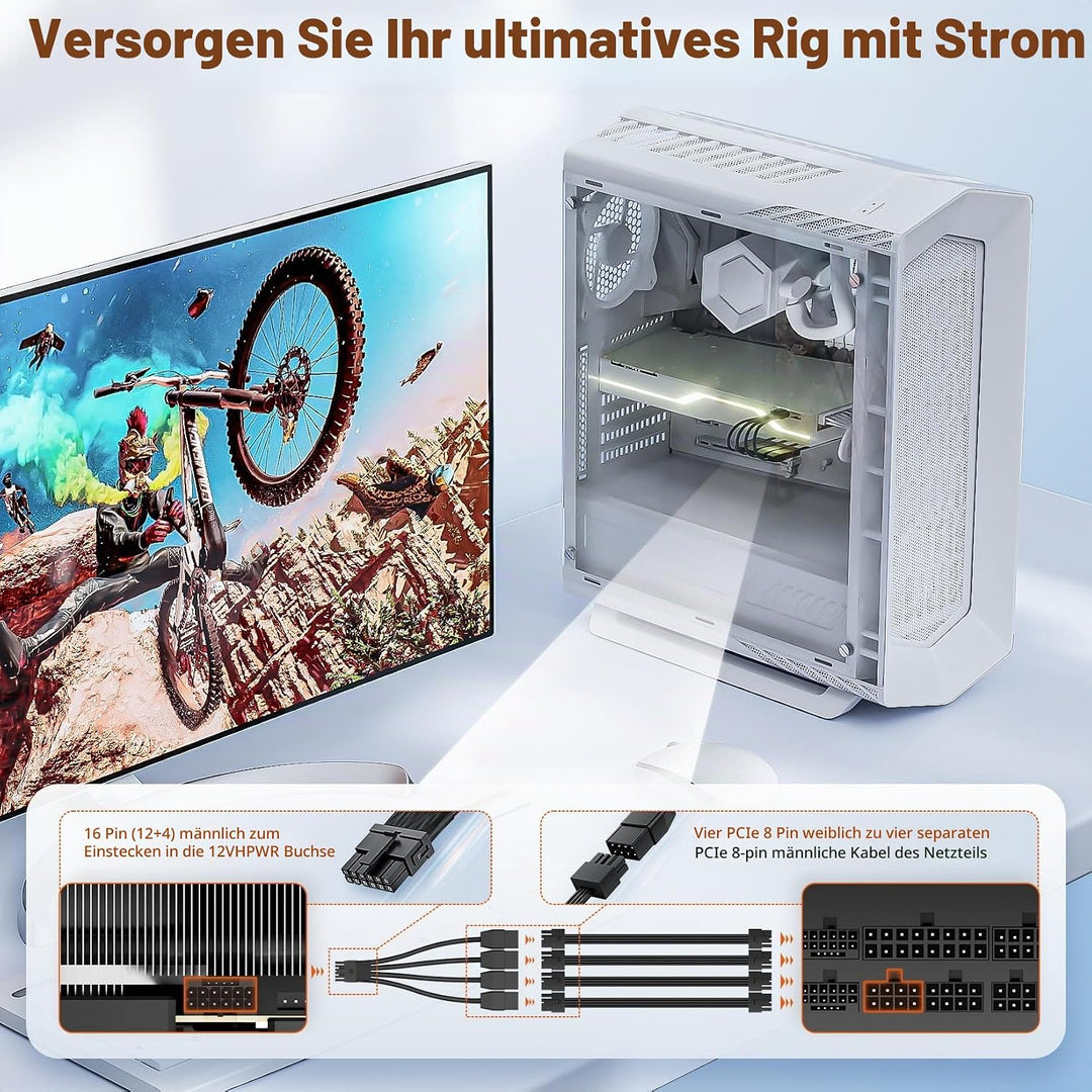 12VHPWR-Kabel 16-Pin (12+4) Stecker auf 4x 8-Pin PCIe Buchsen | 600W für RTX 4090/4080/H100 | Ummant