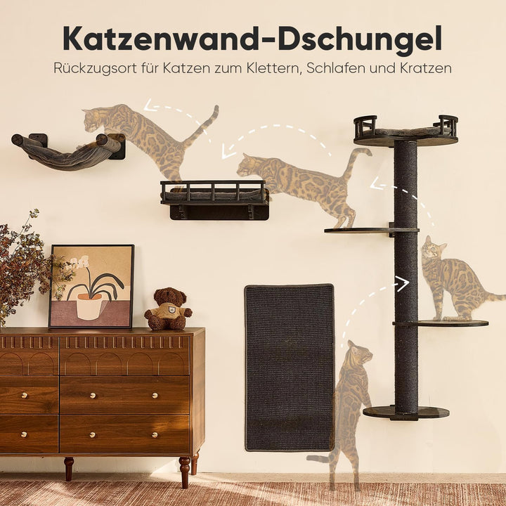 FUKUMARU Kletterwand Katzen-Set, 4 in 1 stabiles Wandmöbel aus mehrschichtigem Holz mit Hängematte,
