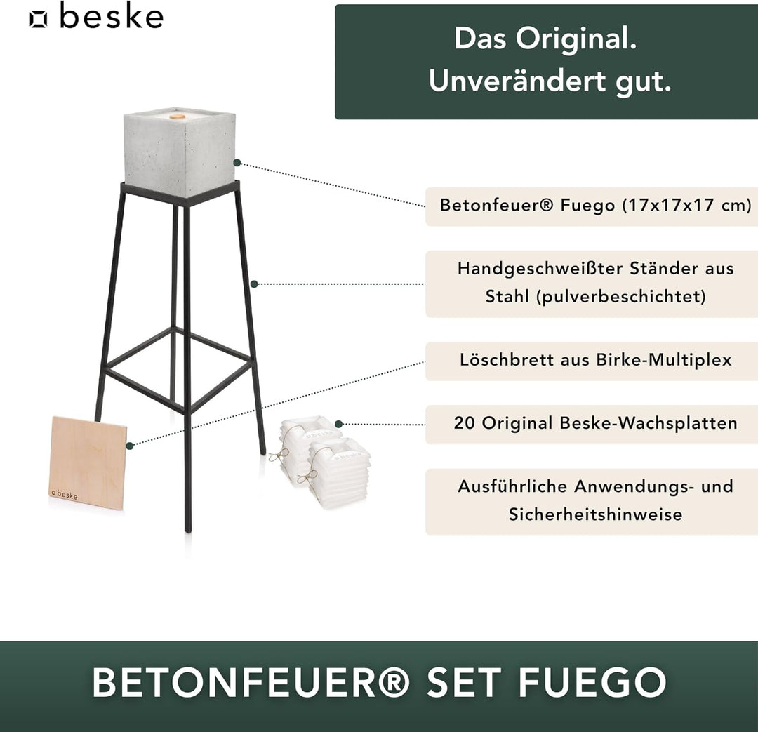 Beske-Manufaktur Betonfeuer inklusive Ständer und Nachfüllwachs im Komplettset | Grösse des Betonfeu