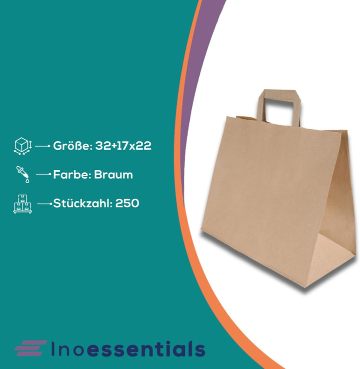 Inoverse 250 Stück Papiertragetaschen, Geschenktüten, 32+17x27 cm Papiertüten mit Henkel, Braun Kraf