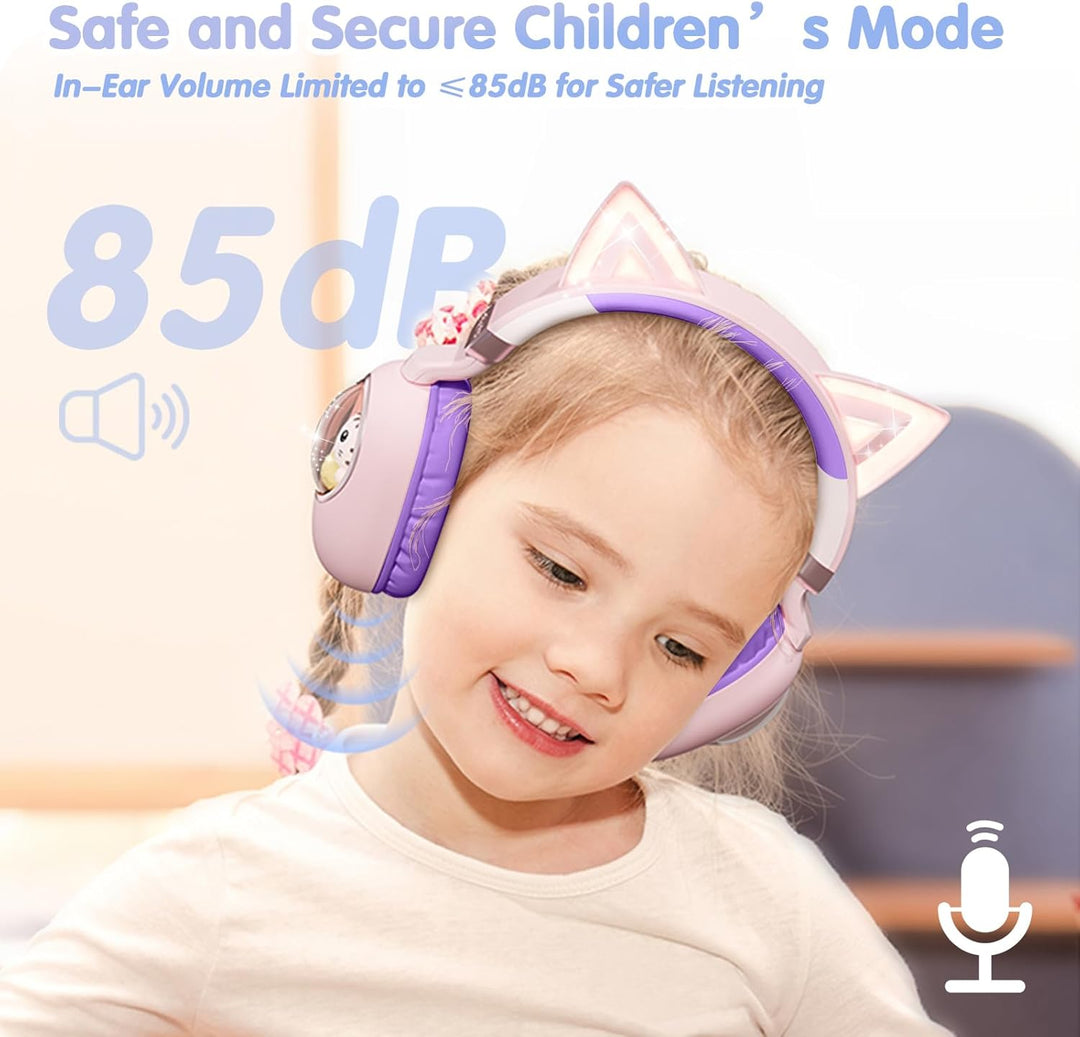 Kinder Kopfhörer mit Katzenohren, Bluetooth 5.4 Over-Ear Noise Cancelling Kopfhörer mit Mikrofon, LE