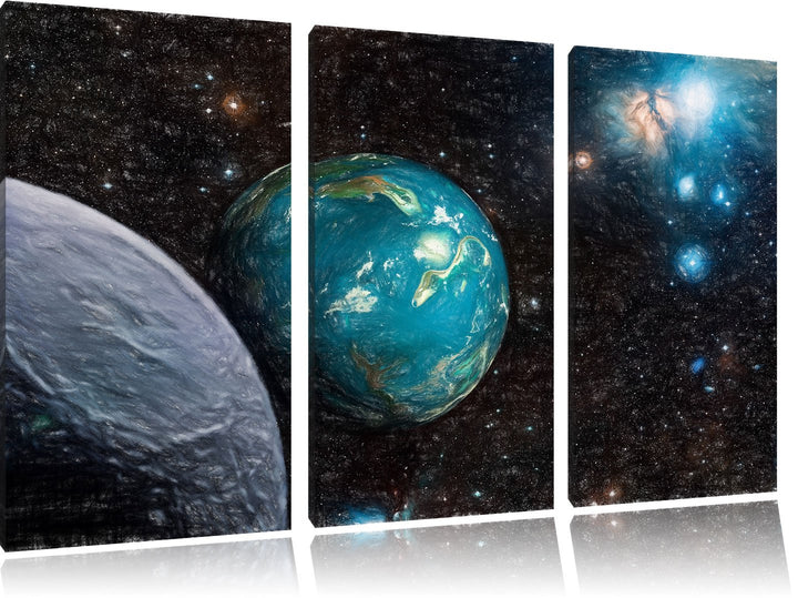 Pixxprint Planet Erde im Kosmos / 3-Teilig/Gesamtmass 120cm Leinwandbild bespannt auf Holzrahmen/Wan