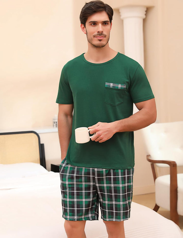 Leversic Schlafanzug Herren Kurz aus Baumwolle mit Kontraststreifen Design, Sommer Pyjama Set Oberte