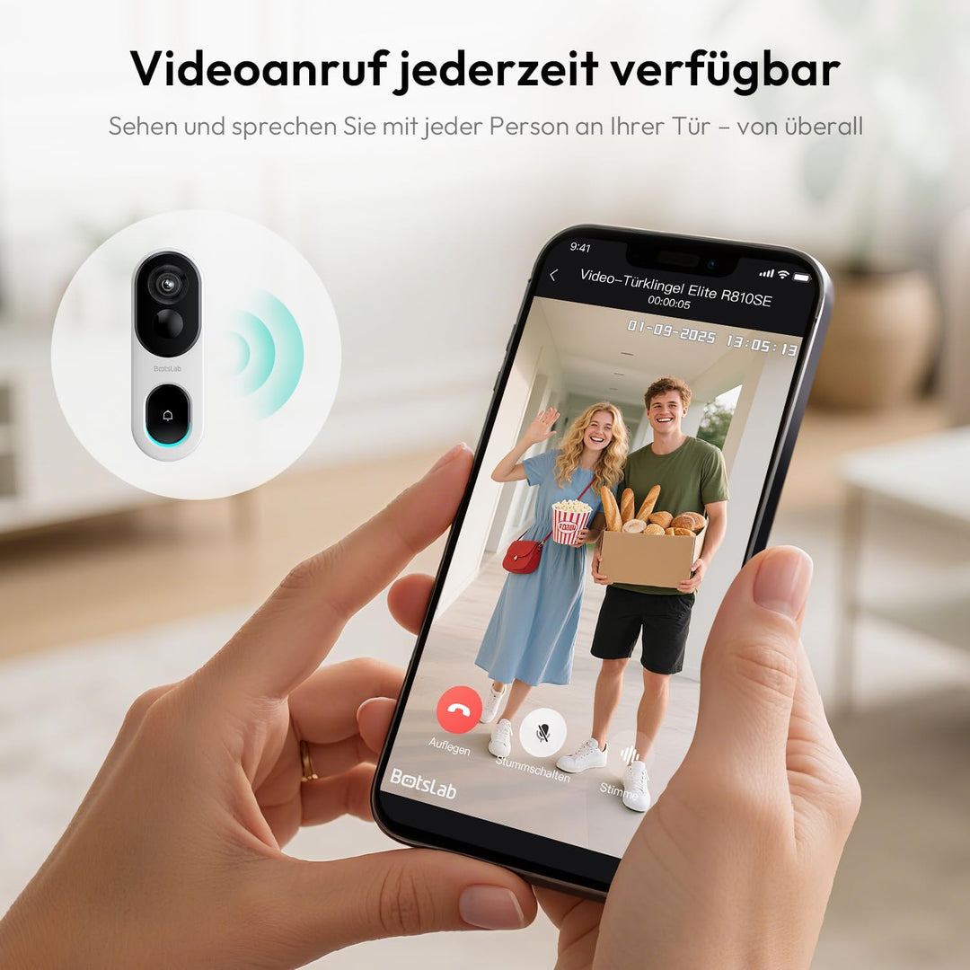 BOTSLAB Türklingel mit Kamera 2K Video Türklingel Akku, Kabellose Videotürklingel mit Kopf-bis-Fuss-