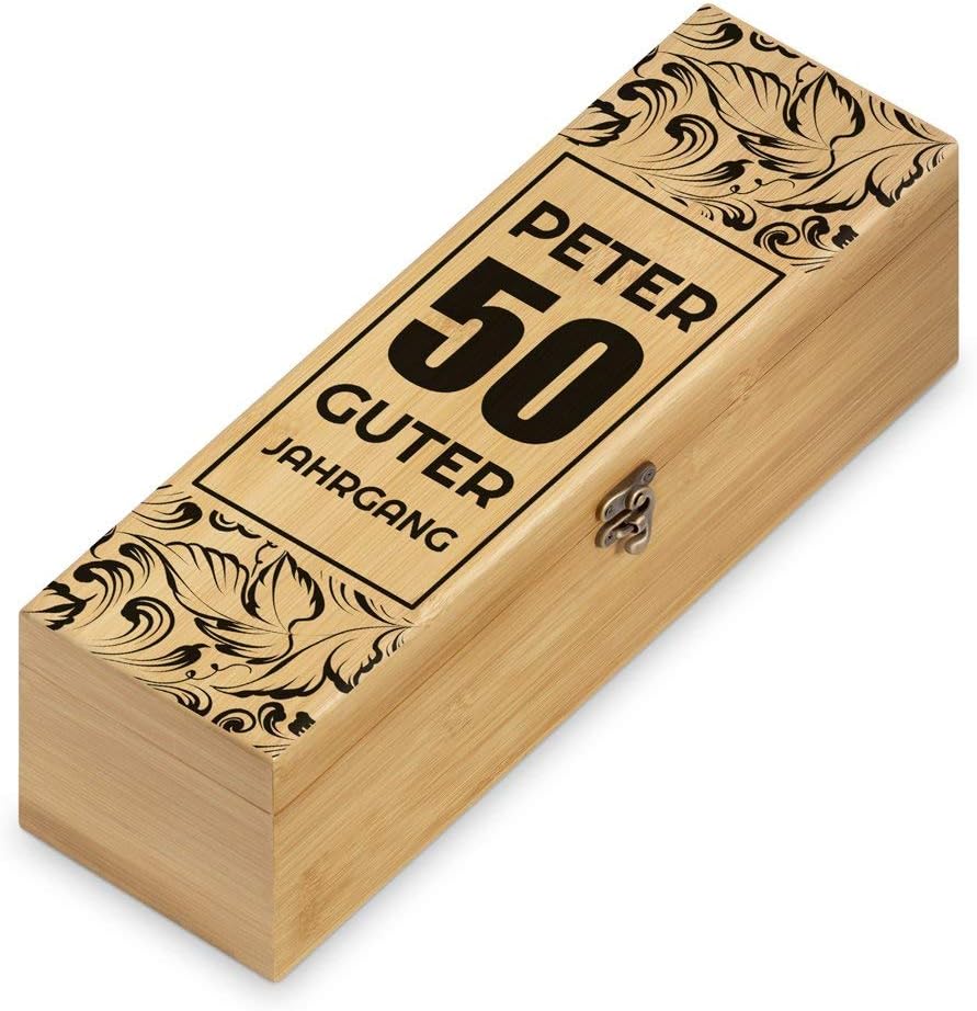 Maverton Wein Geschenkbox für 0,7L Weinflasche + Aufdruck + 4er Weinzubehör - Weinset aus Bambus - 3