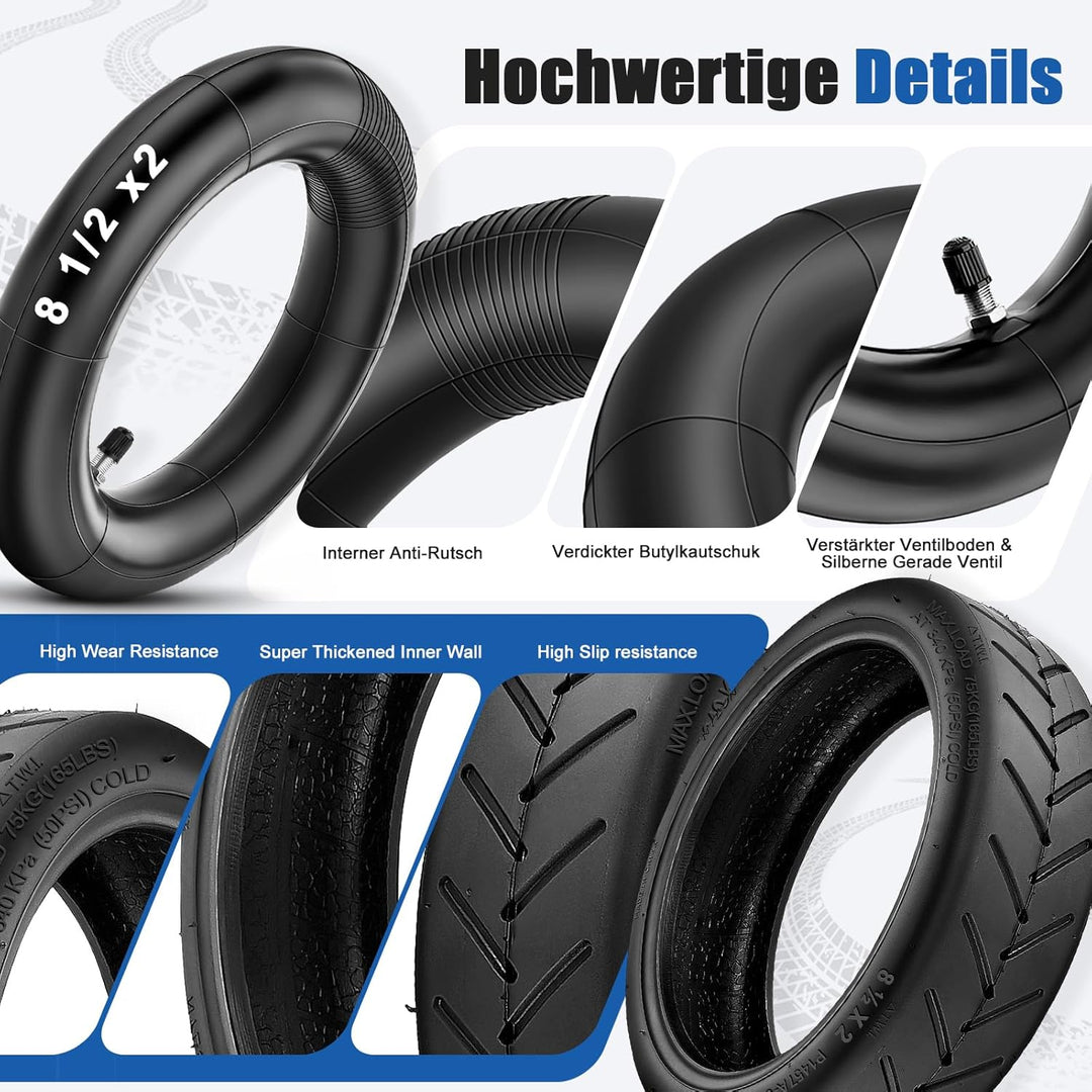 E Scooter Reifen 8 1/2 x2 mit Schlauch 8.5x2.0 Zoll, 50/75-6.1 Reifen und Schlauch Komplettset Verst