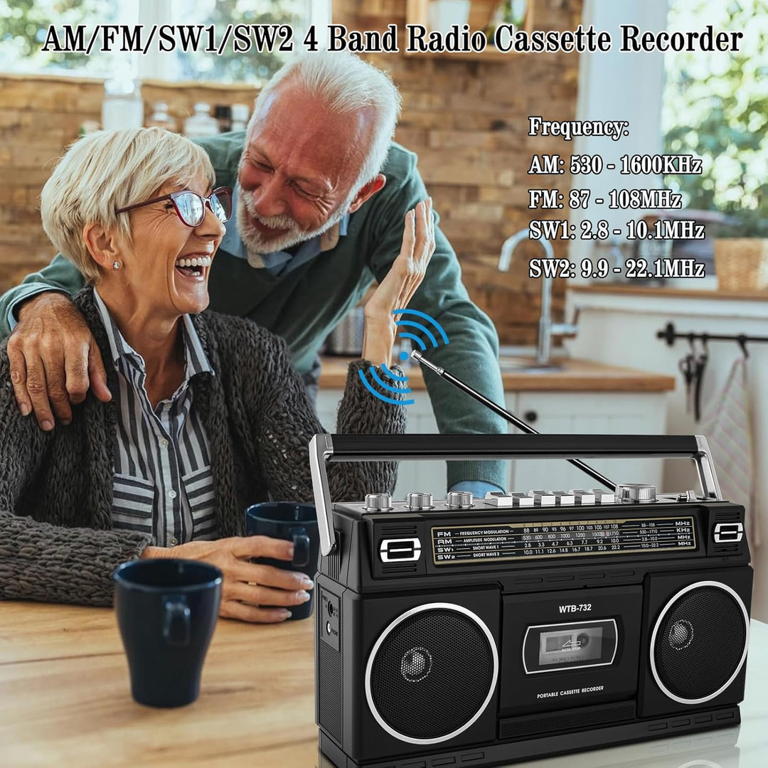 Retro-Classic-Portable-Boombox im 80er-Jahre-Stil mit Kassettenrecorder, AM/FM/SW1/SW2-Radio, Blueto