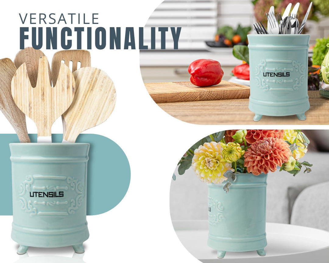 Comfify Französischer Blauer Keramik-Utensilienhalter - Vintage Style Kochgeschirr Caddy - Antikes D