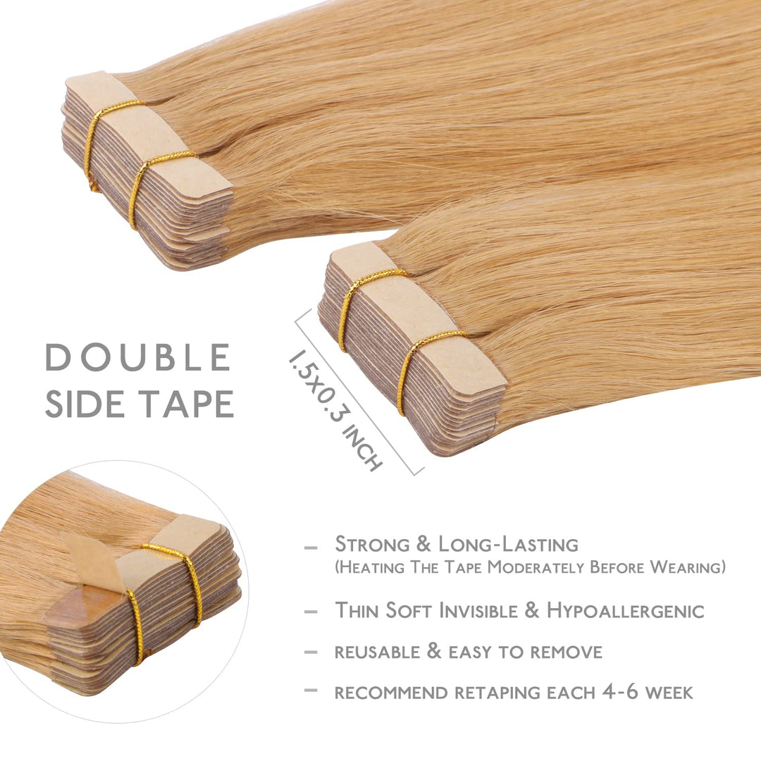 WENNALIFE Tape Extensions Echthaar, 20pcs 40g 30cm 12 Zoll Erdbeeren Blond Remy Invisible Tape Exten