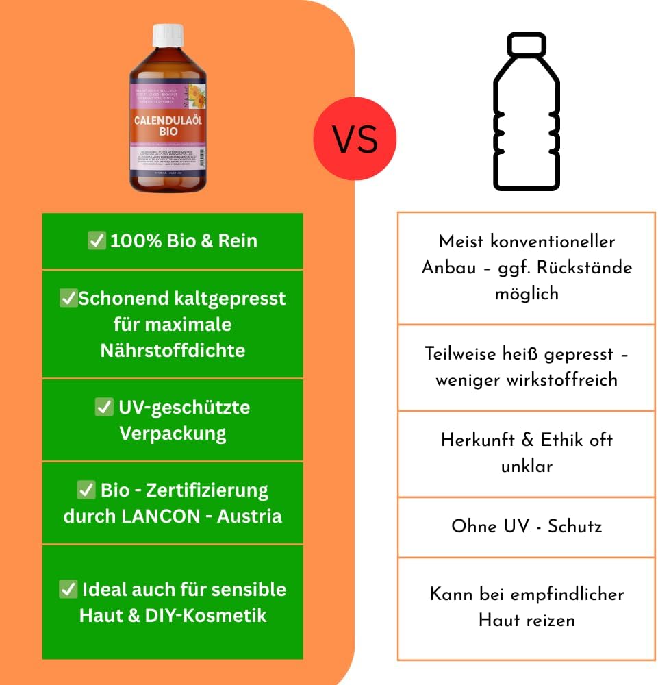 Bio Calendulaöl – 1000ml - naturreines Ringelblumenöl – 100% reines Pflegeöl für Haut & Kosmetik – N