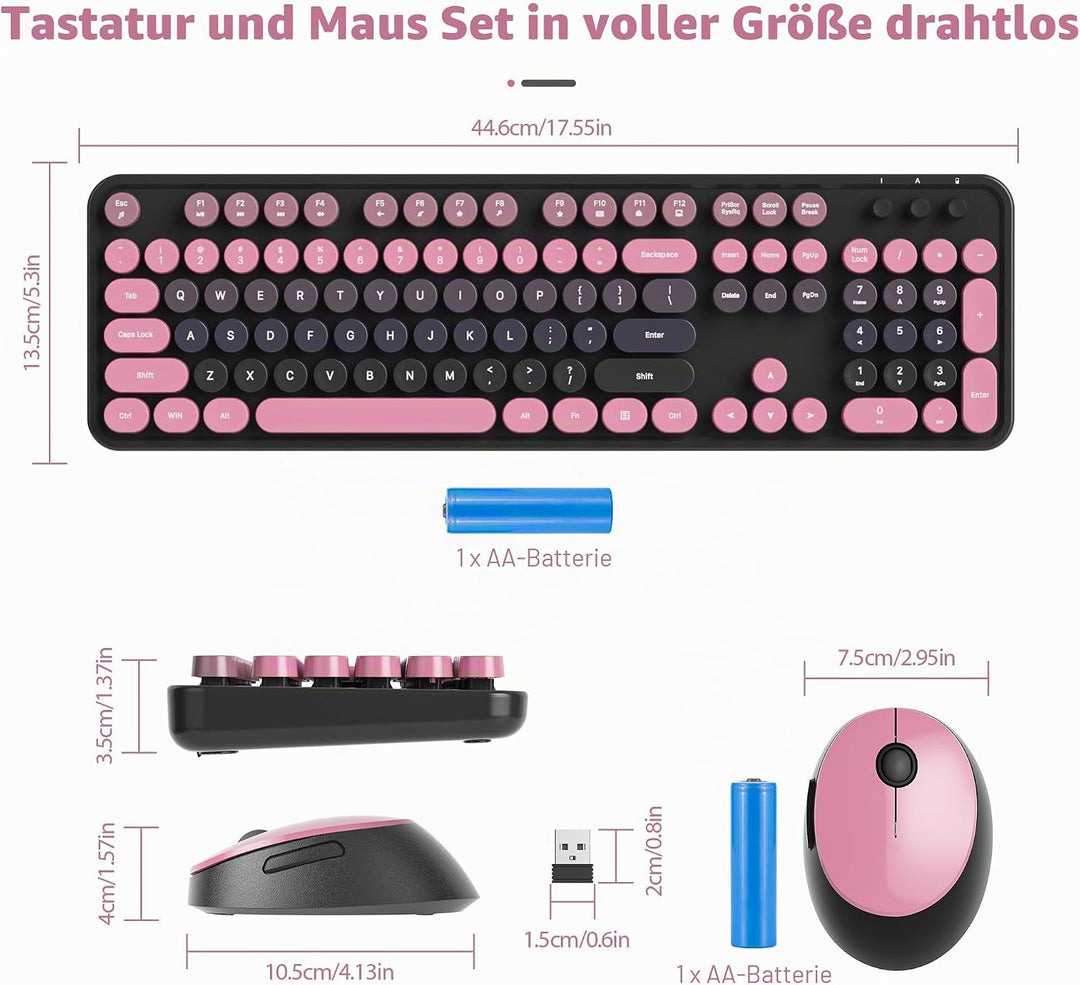 SOLIDEE kabellose Tastatur- und Maus-Kombination,Retro-Schreibmaschinen-Tastatur,2.4GHz runde Tasten