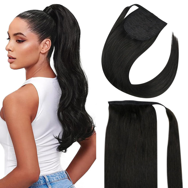 Fshine Ponytail Echthaar Extensions Schwarz 40cm 80g Pferdeschwanz Haarteil Echthaar Clip in Wickeln