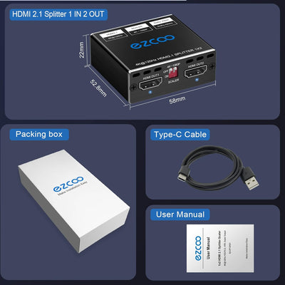 4K 120Hz HDMI 2.1 Splitter 8K 60Hz 1 in2 Out VRR ALLM HDCP2.3 HDR10 8KUHD Dolby Vision Atmos Scaler